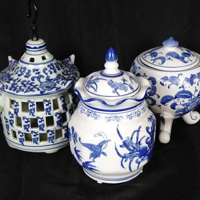 Blue & White Chinoiserie Porcelain Set: Lidded Ginger Jars + Hanging Lantern