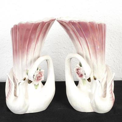 Vintage Porcelain Swan Vase Pair - Pink & White with Gold Accents