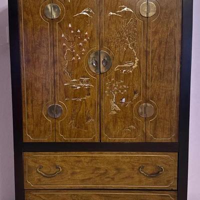 Vintage Asian Chinoiserie Jewelry Armoire – Hand-Painted Burl Wood Standing Cabinet
