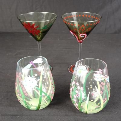 "Dragonfly" Lolita Hand-painted Glasses + Original Boxes & Painted Wine Glasses