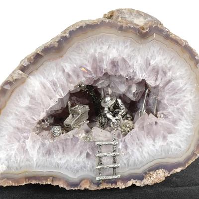Natural Quartz Crystal Geode Diorama Miner "Striking It Rich"