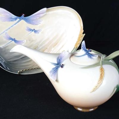 Franz Porcelain Dragonfly Teapot And Tray Set