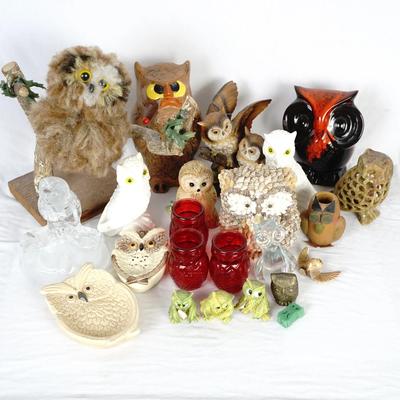 Vintage Owl Figurine Collection - Wood, Glass, and Mixed Media
