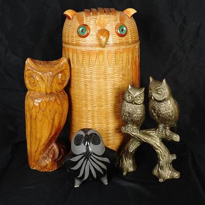 Vintage Hand-Carved & Artisan Owl Figurine Collection - Wood, Stone, and Metal