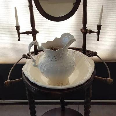 Antique Victorian Wash Stand With Ceramic Basin And Pitcher