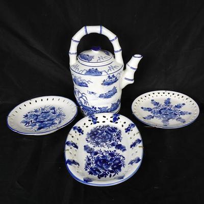 Blue And White Porcelain Chinoiserie Teapot With Faux Bamboo Handle + 3 Plates