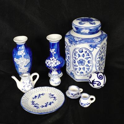Blue & White Miniature Porcelain Tea Set & Decorative Vintage Vase Collection