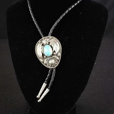 Alpaca Mexico Abalone & Turquoise Inlay Eagle Vintage Bolo Tie