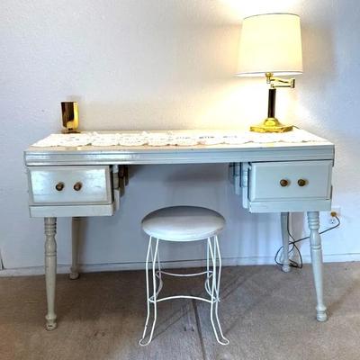 Vintage Shabby Chic White Vanity Desk and Stool Set