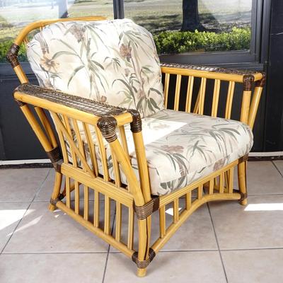 Boho Bamboo & Rattan Vintage Lounge Chair with Tropical Floral Cushions #1