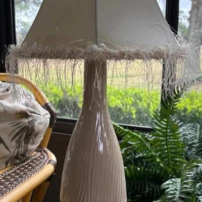 Mid-Century Modern Coastal-Style Palm Tree Table Lamp With A Textured Base And A Frayed Fabric 