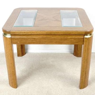Mid-Century Modern Wood End Table With Glass Inserts And Press Accents