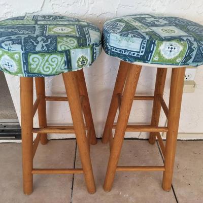 Two Vintage Wooden Green Upholstered Stools
