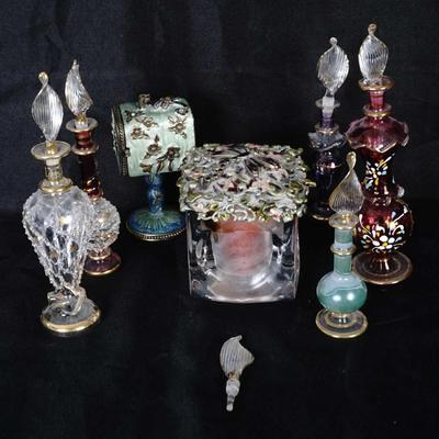 Egyptian Design Hand-Painted Porcelain & Glass Perfume Bottle Set with Floral Decor