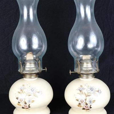 Vintage Pair of Floral Hurricane Lamps – Milk Glass Tone & Gone With The Wind Styled