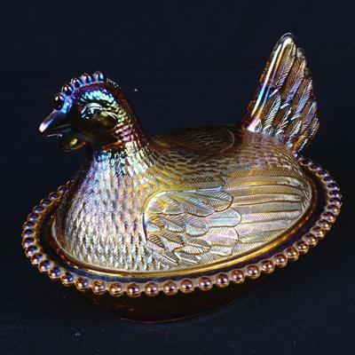 7" Vintage Indiana Glass Iridescent Amber Carnival Hen on Nest