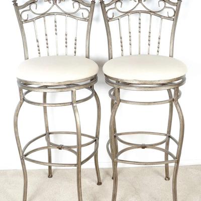 Set of 2 Vintage White Wrought Iron High-Back Barstools