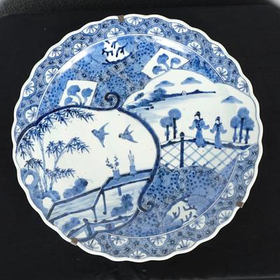 Blue and White Chinoiserie Vintage Chinese Porcelain Platter - Footed Serving Dish