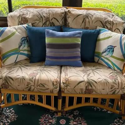 Boho Bamboo & Rattan Vintage Loveseat with Tropical Floral Cushions