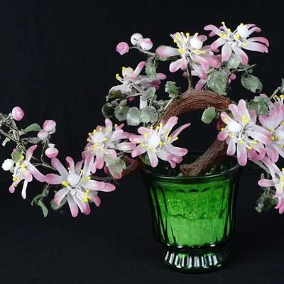 Vtg Bonsai Jadeite Stone Rose Quartz Agate Glass Flower Leaf Tree