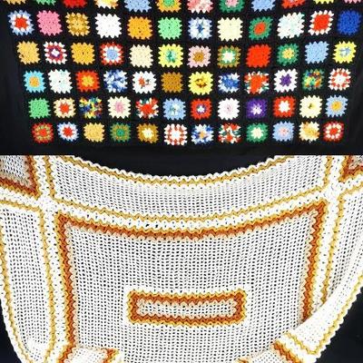 Handmade Granny Square & White Crochet Vintage Afghan Set