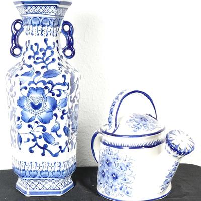 Vintage Chinese Porcelain Blue And White Flower Vase + Watering Can