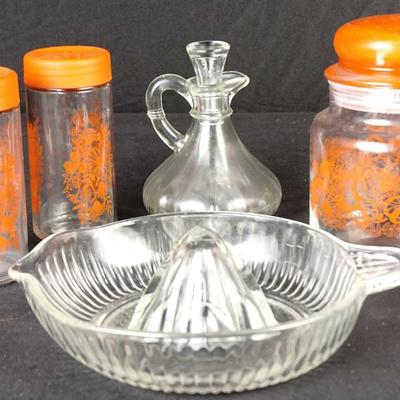 Glass Juicer, Butterfly Canister, and Cruet Bottle Vintage Set