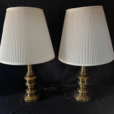 419: Pair of Brass Table Lamps with White Pleated Shades – Tested & Working