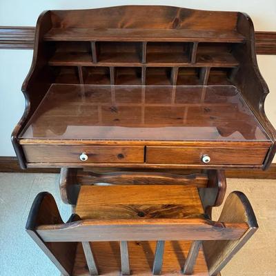 236: Vintage Solid Wood Secretary Desk with Pigeonhole Cubbies & Matching Bench