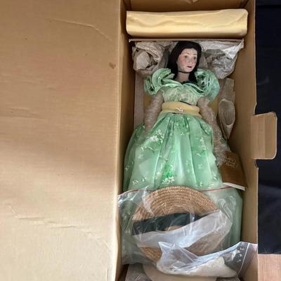 448: Franklin Heirloom Dolls Porcelain Doll – Green Floral Gown w/ Hat – New in Box