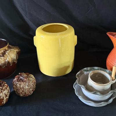 405: Vintage McCoy Yellow Pottery Vase & Bauer Orange Pitcher with Assorted Art Pottery Decor