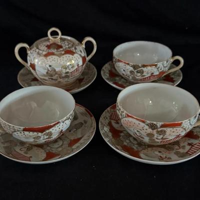 409: Vintage Hand-Painted Tea Set with Teacups, Saucers & Lidded Sugar Bowl – Asian Motif