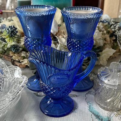 430: Vintage Avon & Pressed Glass Serveware Lot – Ruby Red & Cobalt Blue Glass, Candy Dishes & Trays