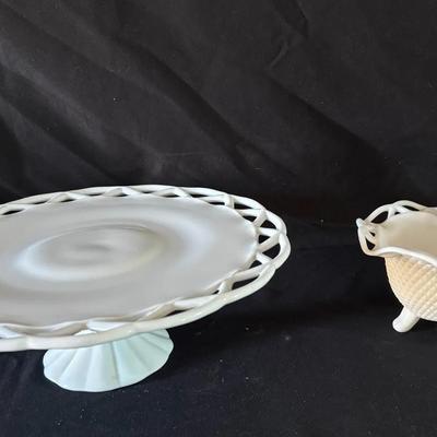 408: Milk Glass Pedestal Cake Stand with Open Rim & Decorative Glass Footed Bowl