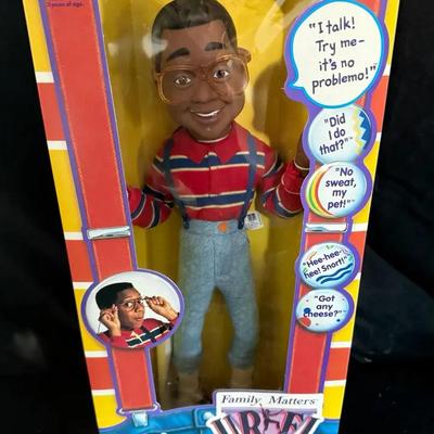 466: Vintage 1991 Family Matters Steve Urkel “I Speak My Mind!” Talking Doll – New in Box