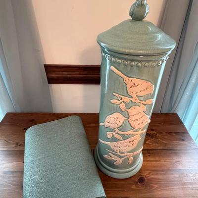 237: Large Ceramic Canister With Bird Motif And Matching Teal Table Runner