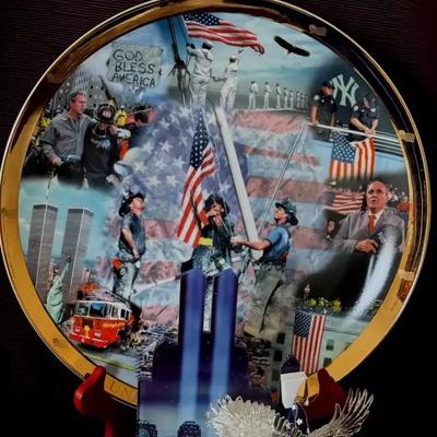 Lot 428: United We Stand 9/11 Commemorative Collection – Danbury Mint Plate & Patriotic Eagle Sculp