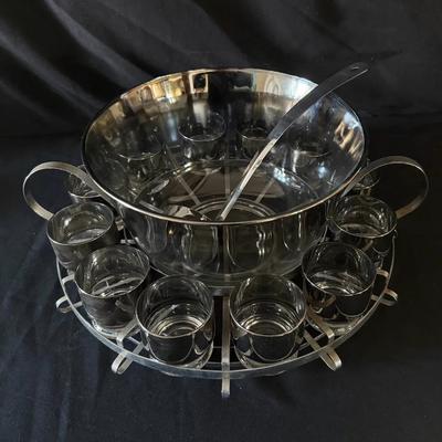 401: Stainless Steel Punch Bowl Set with Ladle & 12 Glass Cups on Metal Stand