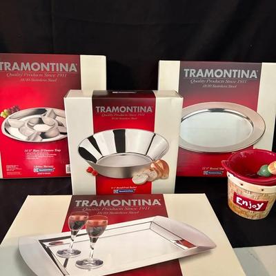 Lot 101:  Tramontina 18/10 Stainless Steel Serving Tray & Entertaining Set – New in Boxes 