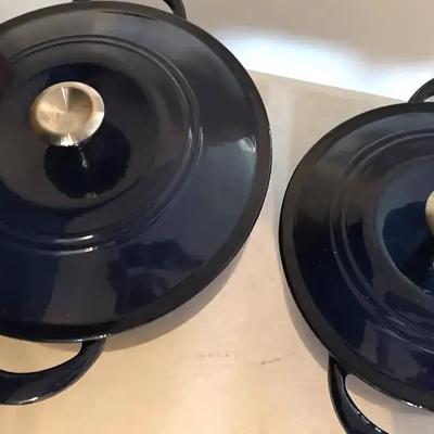 Lot 685:  Vintage Tramontina Blue Enamel Cast Iron Dutch Oven Set (2) – Made in USA