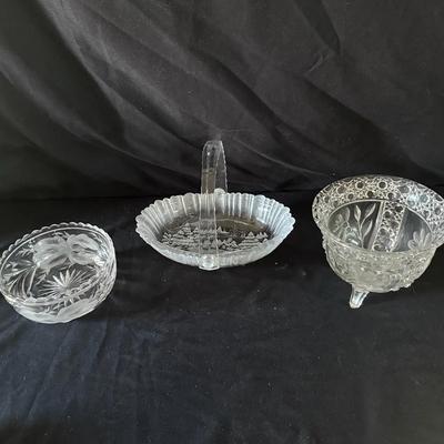 407: Vintage Pressed & Etched Glass Bowls Including Mikasa Bunny Dish and Daisy & Button Bowl