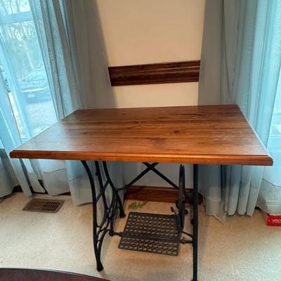 238: Antique  Cast Iron Treadle Sewing Table With Wood Top
