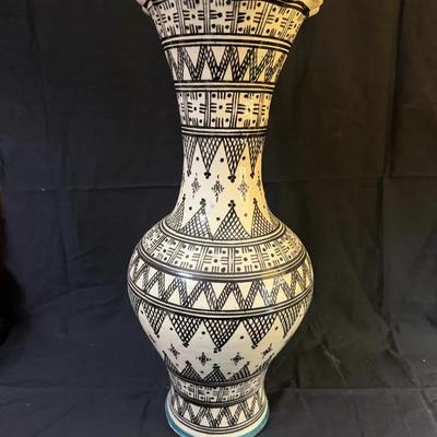 333: Tall Moroccan-Style Hand-Painted Ceramic Vase with Geometric Patterns, Signed Base