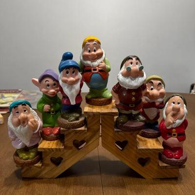 219: Vintage Disney 7 Dwarfs Soft Rubber Vinyl Figurines with Wood Stand