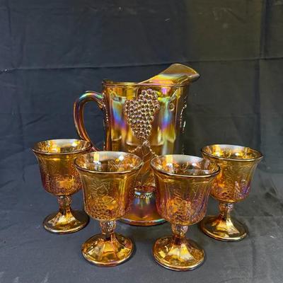 327: Carnival Glass Grape Pattern Pitcher with Four Goblets – Marigold Iridescent