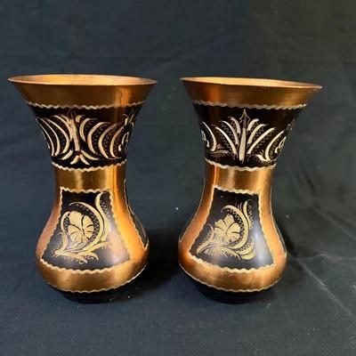 325: Pair of Engraved Copper Decorative Vases with Blackened Floral Motifs