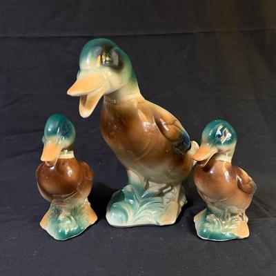 331: Royal Copley Mallard Duck Ceramic Figurines, Mother with Two Ducklings