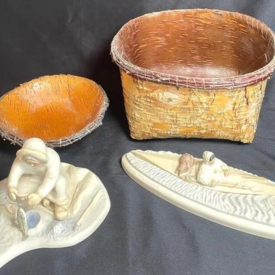 Alaskan Porcelain Figurines and Two Birch Bark Baskets 