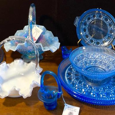 Vintage Fenton Baskets and Blue Serving Ware with Extras