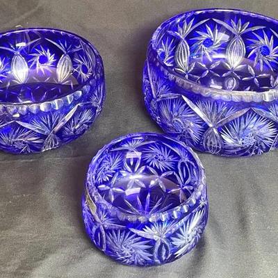 "Crystal Clear" Polish 23% Lead Cobalt Blue Bowls (Set of 3) 